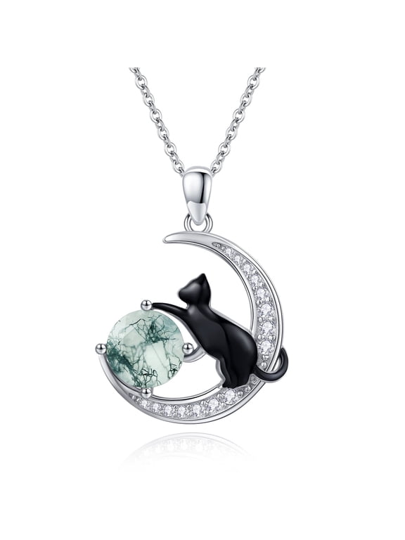 Cat Necklace 925 Sterling Silver Cute Animal Pendant Necklace Moss Agate Jewelry Gifts for Women