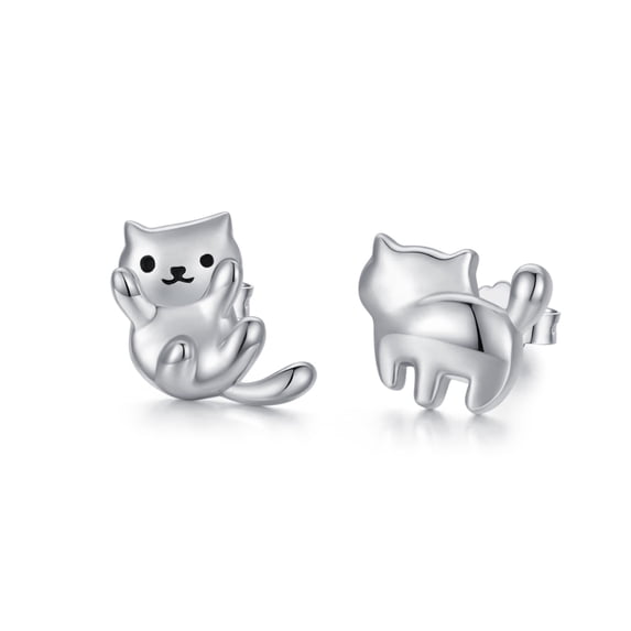 Coachuhhar Cat Stud Earrings, Sterling Silver, Includes Gift Box and Silver Clean Cloth