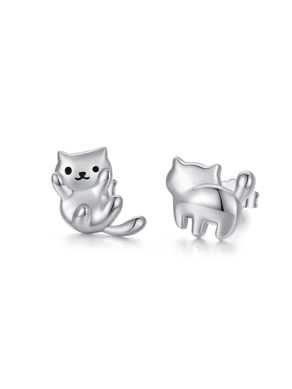 Cat Stud Earrings, Sterling Silver, Includes Gift Box and Silver Clean Cloth