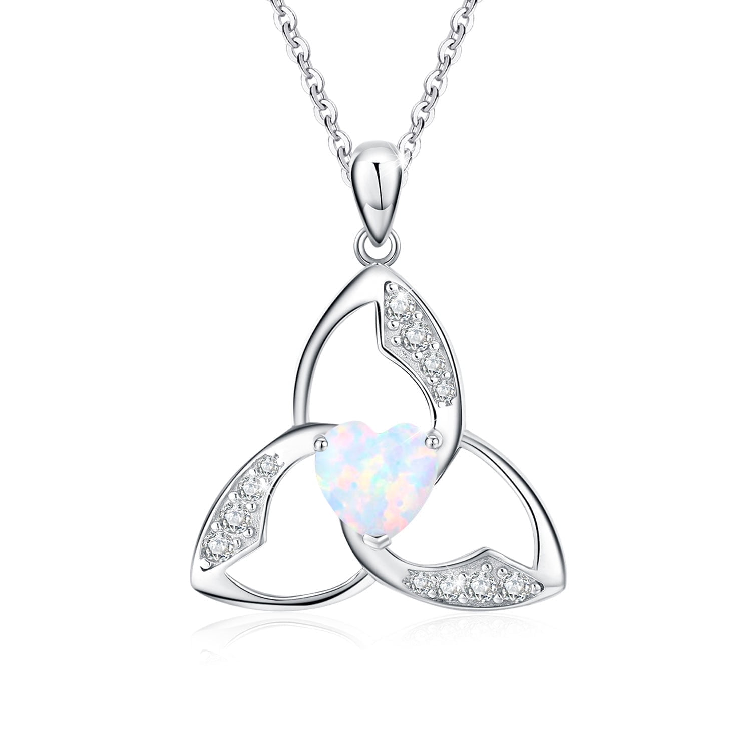 Coachuhhar Celtic Trinity Knot Necklace 925 Sterling Silver Heart Opal Irish Necklace Good Luck Triangle Pendant Necklace Opal Jewelry Gifts for Women