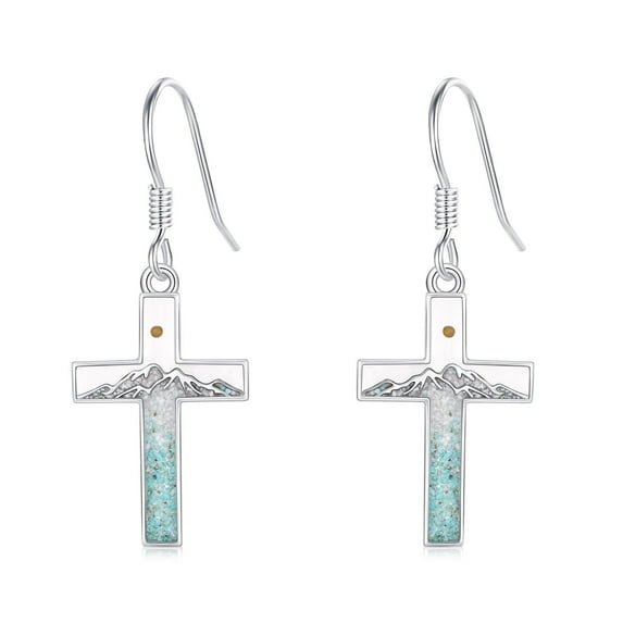 Coachuhhar Corss Earrings for Women 925 Sterling Silver Crushed Turquoise Mountain Mustard Seed Dangle Drop Earrings Nature Jewelry Faith Gifts for Christian Hikers Lovers