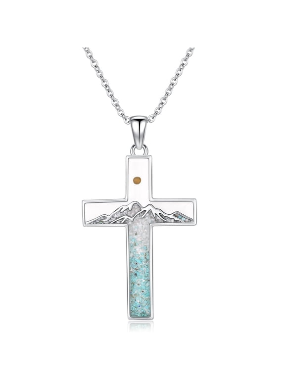 Corss Necklace for Women 925 Sterling Silver Crushed Turquoise Mountain Mustard Seed Pendant Nature Jewelry Faith Gifts for Christian Hikers Lovers