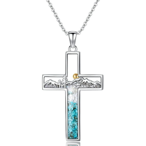 Coachuhhar Corss Necklace for Women 925 Sterling Silver Crushed Turquoise Mountain Sunset Pendant Nature Jewelry Faith Gifts for Christian Hikers Lovers