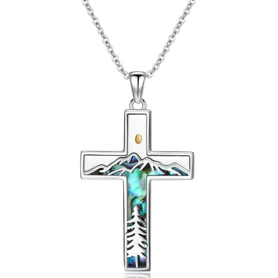 Coachuhhar Corss Necklace for Women 925 Sterling Silver Abalone Mountain Mustard Seed Pendant Nature Jewelry Faith Gifts for Christian Hikers Lovers