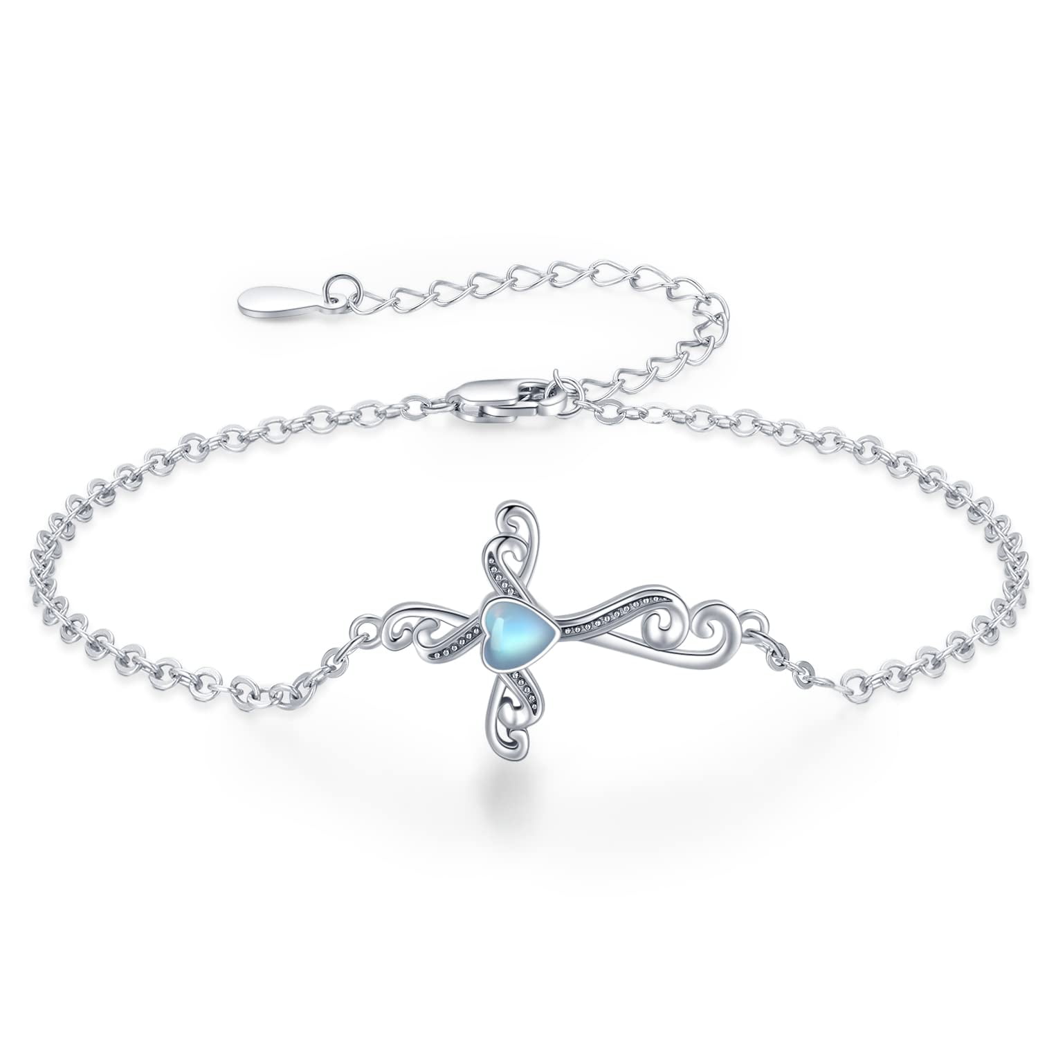 Coachuhhar Cross Bracelet 925 Sterling Silver Heart Moonstone Bracelet Cross Jewelry Gifts for Women Girls