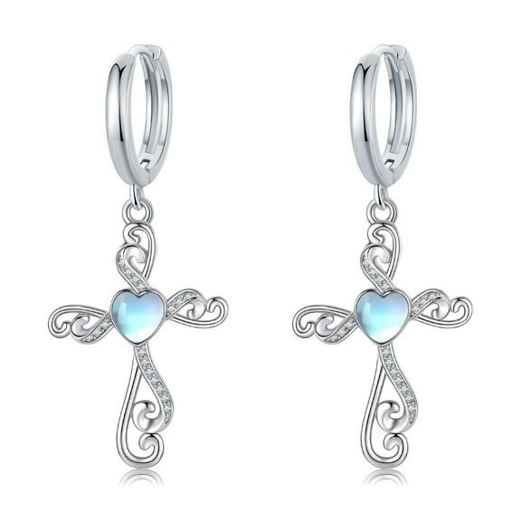 Coachuhhar Cross Hoop Earrings for Women 925 Sterling Silver Huggie Earrings Tiny Cartilage Earrings Mini Hoops Earrings Small Earrings Heart Moonstone Jewelry for Mother's Day