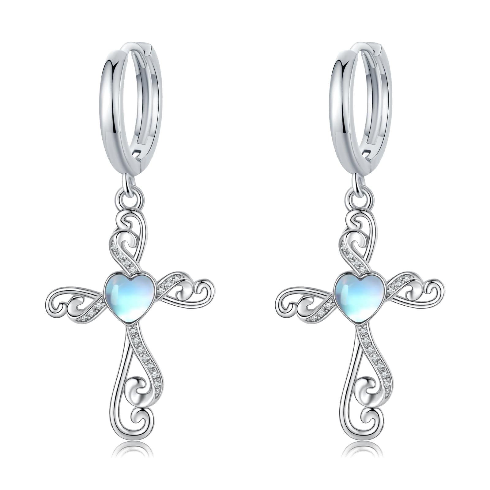 Coachuhhar Cross Hoop Earrings for Women 925 Sterling Silver Huggie Earrings Tiny Cartilage Earrings Mini Hoops Earrings Small Earrings Heart Moonstone Jewelry for Mother's Day