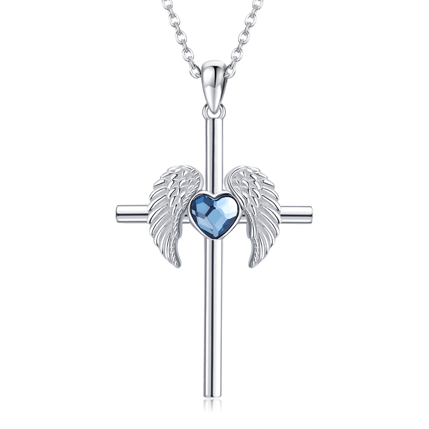 Coachuhhar Cross Necklace 925 Sterling Silver Angel Wings Pendant Necklace with Heart Blue Crystal Cross Jewelry Gifts for Women