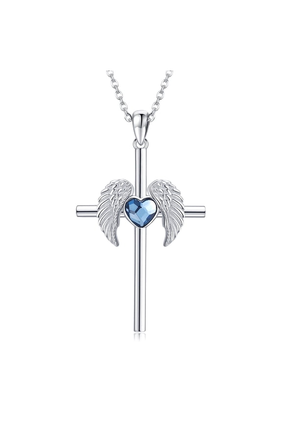 Cross Necklace 925 Sterling Silver Angel Wings Pendant Necklace with Heart Blue Crystal Cross Jewelry Gifts for Women