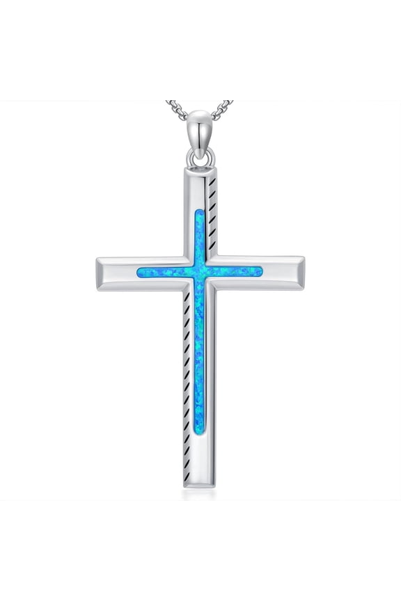 Cross Necklace 925 Sterling Silver Blue Opal Cross Pendant Necklaces Christian Jewelry Religious Gifts for Men Women Mom Father