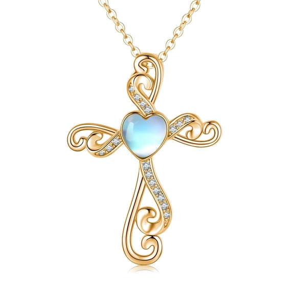 Coachuhhar Cross Necklace 925 Sterling Silver Heart Moonstone Pendant Necklace Cross Jewelry Gifts for Women