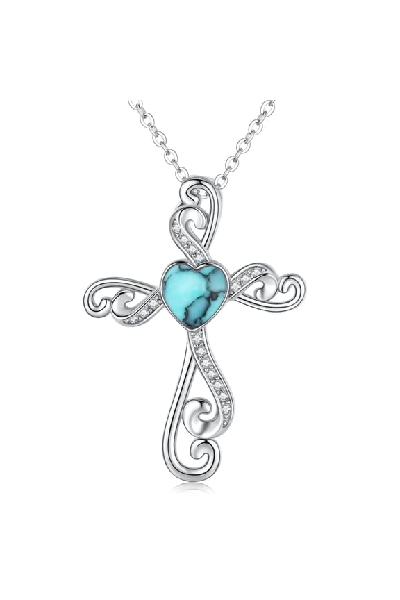 Cross Necklace 925 Sterling Silver Heart Moonstone/Turquoise Pendant Necklace Cross Jewelry Gifts for Women
