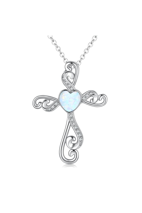 Cross Necklace 925 Sterling Silver Heart Opal Pendant Necklace Cross Jewelry Gifts for Women