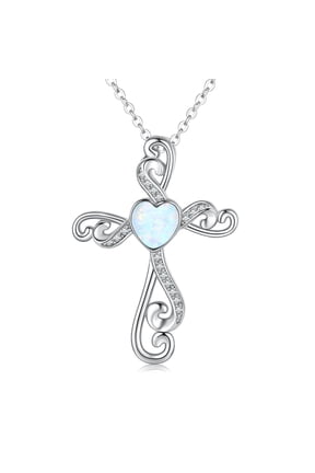 Cross Necklace 925 Sterling Silver Heart Opal Pendant Necklace Cross Jewelry Gifts for Women