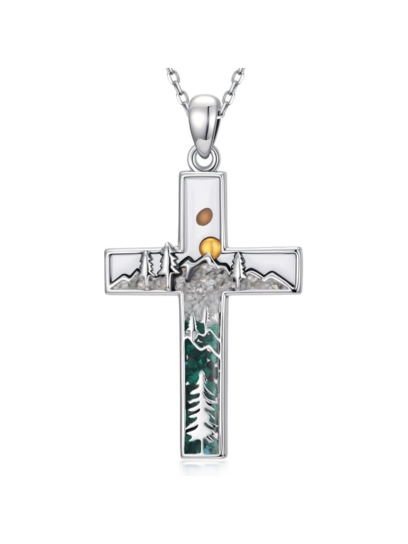 Cross Necklace 925 Sterling Silver Malachite Mountain Pendant Necklaces Mustard Seeds Jewelry Hiking Xmas Christmas Gifts for Women Mom Wife Birthday