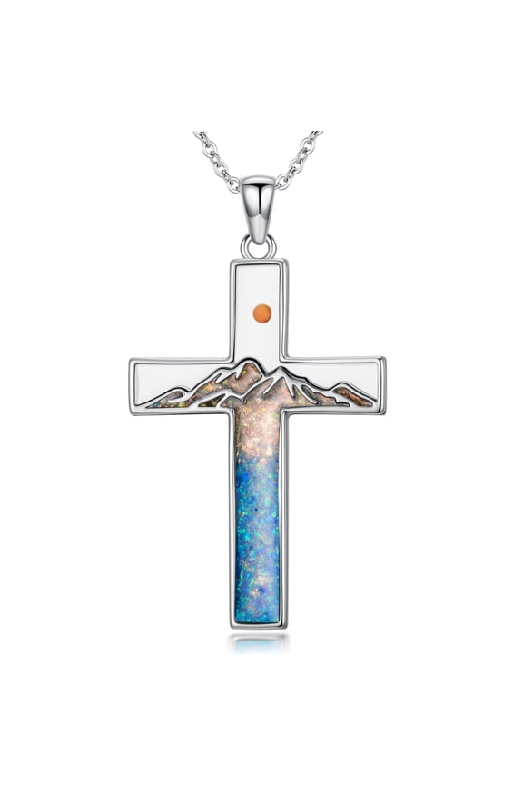Cross Necklace 925 Sterling Silver Mustard Seed Necklace Blue Opal Turquoise Faith Pendant Mountain Jewelry Hiking Gifts for Women Mom