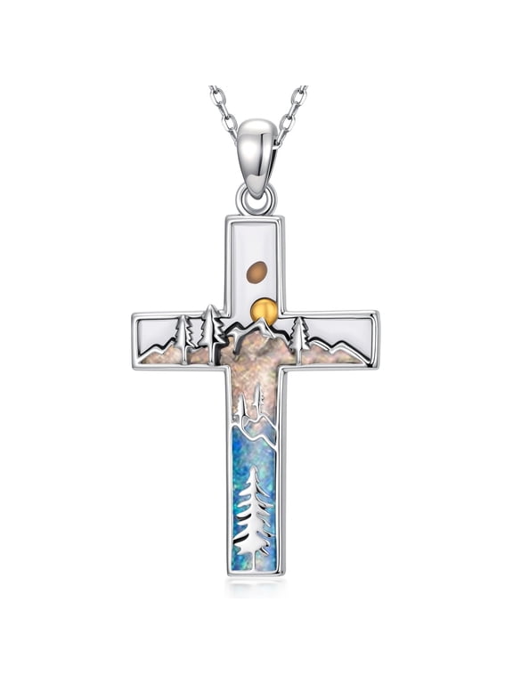 Cross Necklace 925 Sterling Silver Opal Mountain Pendant Necklaces Mustard Seeds Jewelry Hiking Xmas Christmas Gifts for Women Mom Wife Birthday