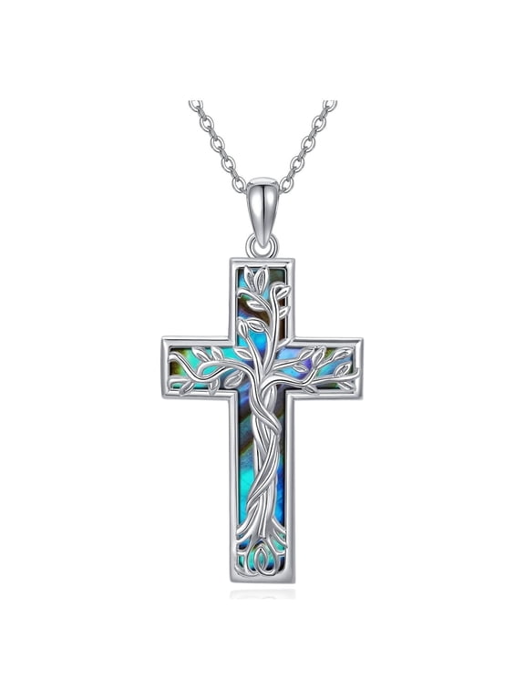 Cross Necklace 925 Sterling Silver Tree of Life Necklace with Abalone Shell Pendant Necklace Cross Jewelry Gifts for Women Men