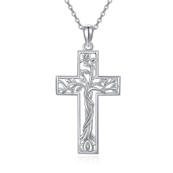 Coachuhhar Cross Necklace 925 Sterling Silver Tree of Life Pendant Necklace Cross Jewelry Gifts for Women Men