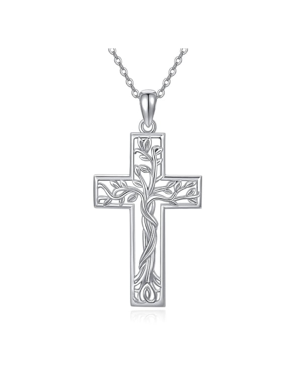 Cross Necklace 925 Sterling Silver Tree of Life Pendant Necklace Cross Jewelry Gifts for Women Men