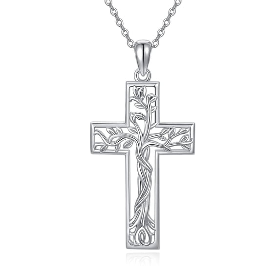 Coachuhhar Cross Necklace 925 Sterling Silver Tree of Life Pendant Necklace Cross Jewelry Gifts for Women Men