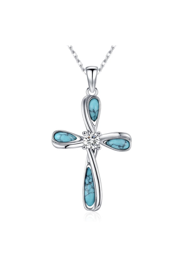 Cross Necklace 925 Sterling Silver Turquoise Pendant Necklaces Religious Jewelry Gifts for Women Mom Birthday
