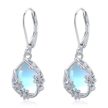 Coachuhhar Daisy Teardrop Dangle Drop Earrings 925 Sterling Silver Hypoallergenic Moonstone/Turquoise Earrings Flower Jewelry Gifts for Women