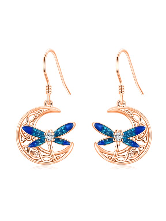 Dragonfly Dangle Earrings 925 Sterling Silver Celtic Moon Drop Earrings Irish Celtic Jewelry Gifts for Women