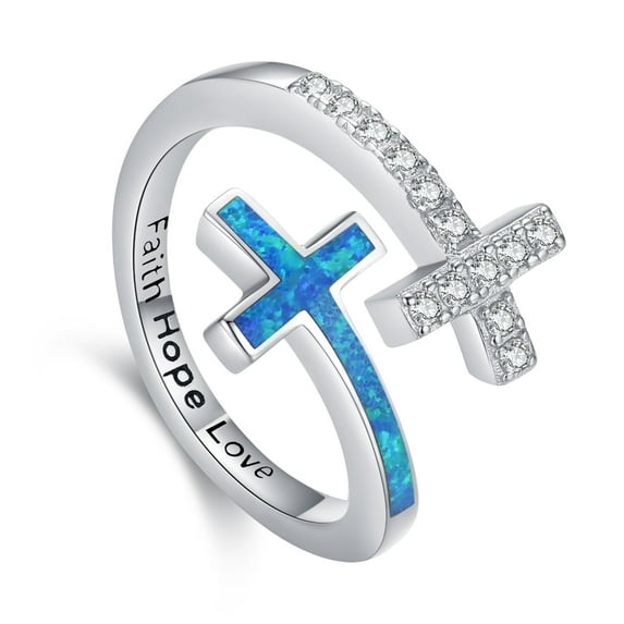 Coachuhhar Faith Hope Love Ring 925 Sterling Silver Adjustable Opal Cross Ring Jewely Christmas Gifts for Women
