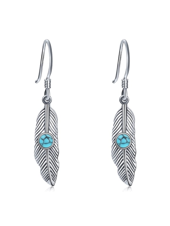 Feather Earrings 925 Sterling Silver Turquoise Dangle Earrings Native Jewelry Western Gifts for Women Birthday