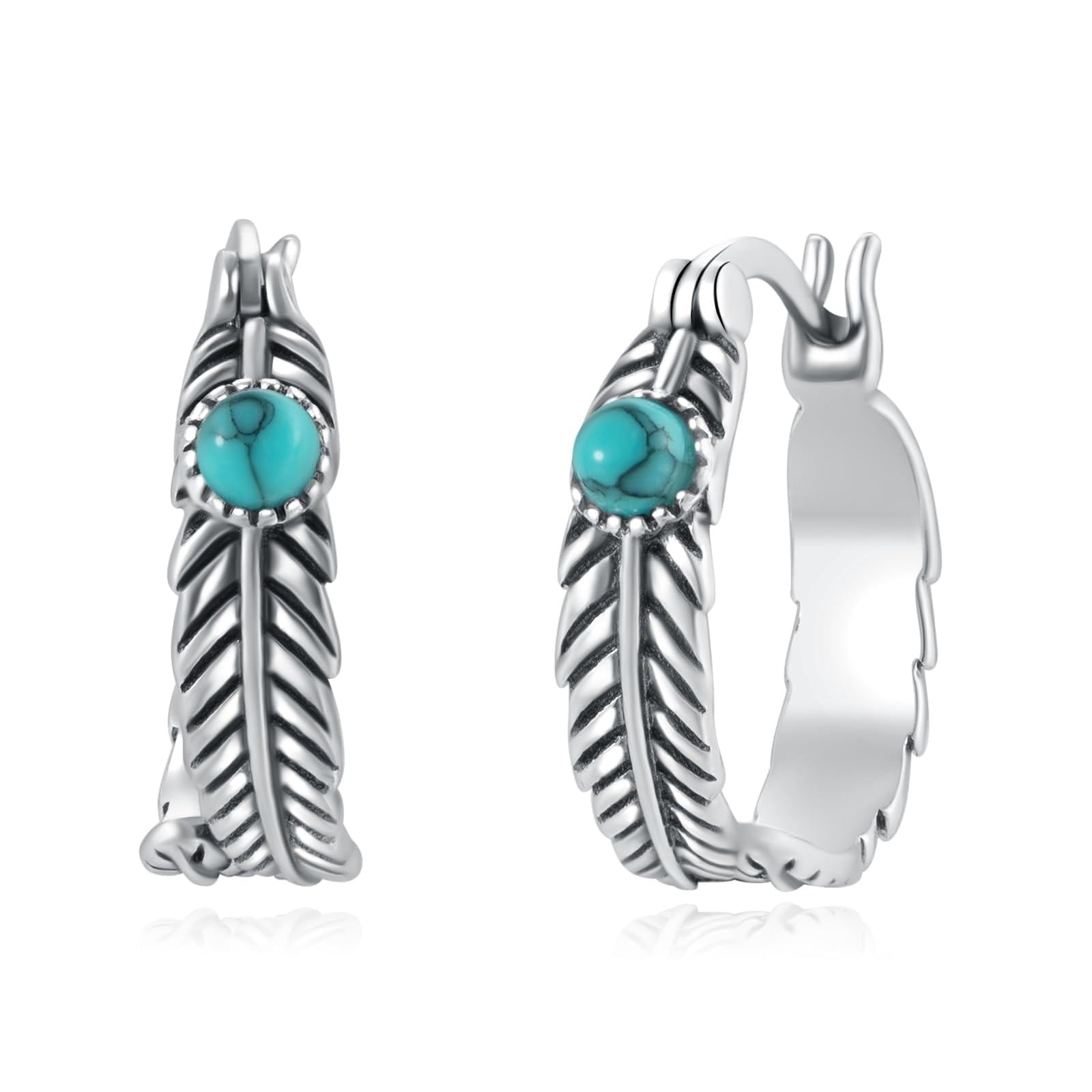 Coachuhhar Feather Earrings 925 Sterling Silver Turquoise Hoop Earrings Western Jewelry Turquoise Feather Gifts for Women Birthday