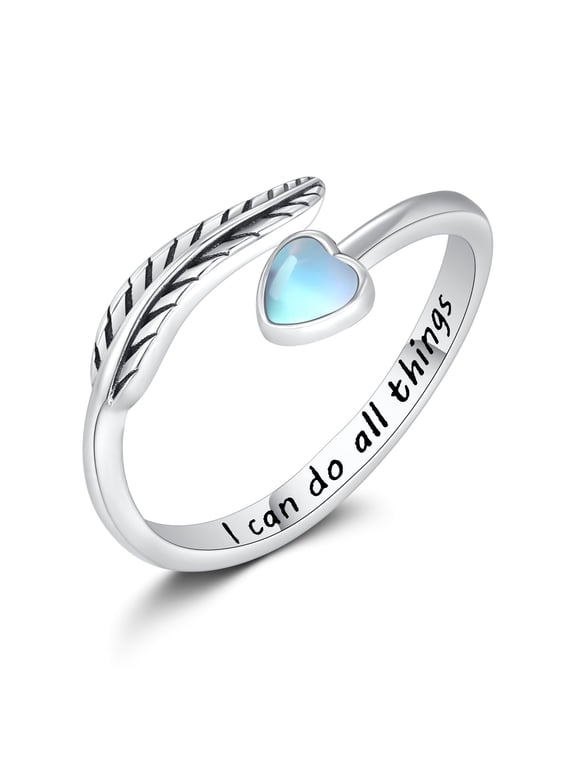 Feather Ring 925 Sterling Silver Adjustable Thumb Rings Vintage Western Rings Moonstone Feather Jewelry Gifts for Women Mom
