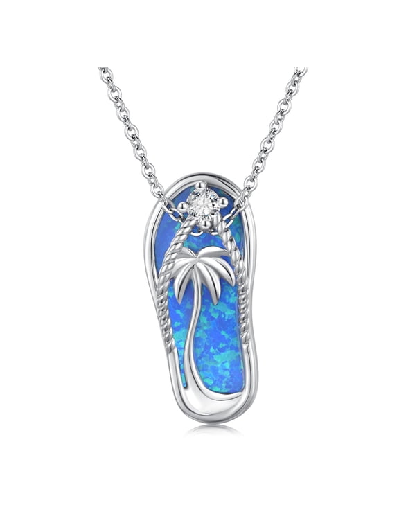 Flip Flop Necklace 925 Sterling Silver Palm Tree Pendant Beach Blue Opal Necklace Flip-Flop Opal Jewelry for Women