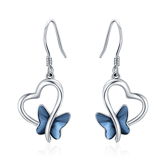 Coachuhhar Heart Butterfly Earrings 925 Sterling Silver Crystal Butterfly Dangle Drop Earrings Heart Jewelry Gifts for Women Mom