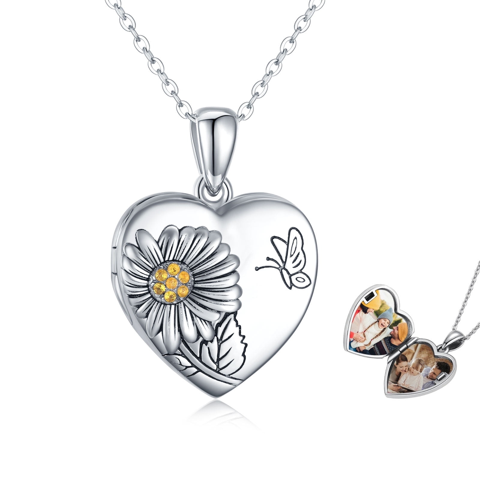 Coachuhhar Heart Sunflower Locket Necklace 925 Sterling Silver Sunflower Butterfly Locket Necklace That Hold 2 Photos Locket Jewelry Gift for Women