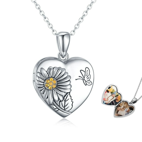 Coachuhhar Heart Sunflower Locket Necklace 925 Sterling Silver Sunflower Butterfly Locket Necklace That Hold 2 Photos Locket Jewelry Gift for Women