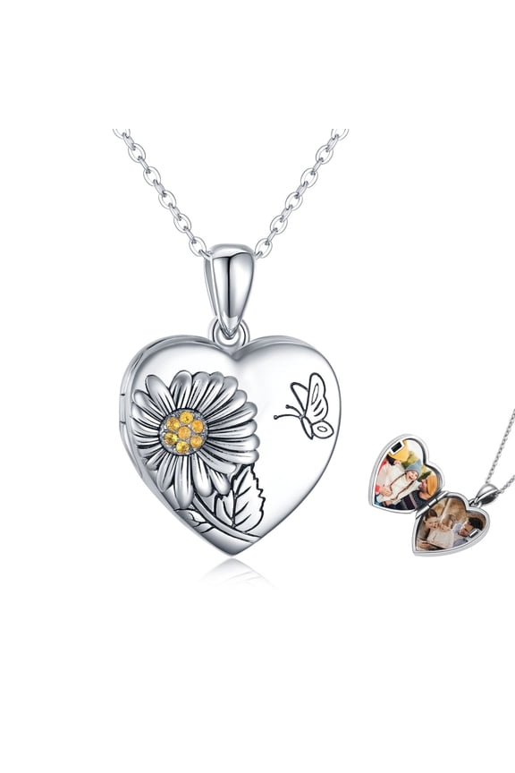 Heart Sunflower Locket Necklace 925 Sterling Silver Sunflower Butterfly Locket Necklace That Hold 2 Photos Locket Jewelry Gift for Women