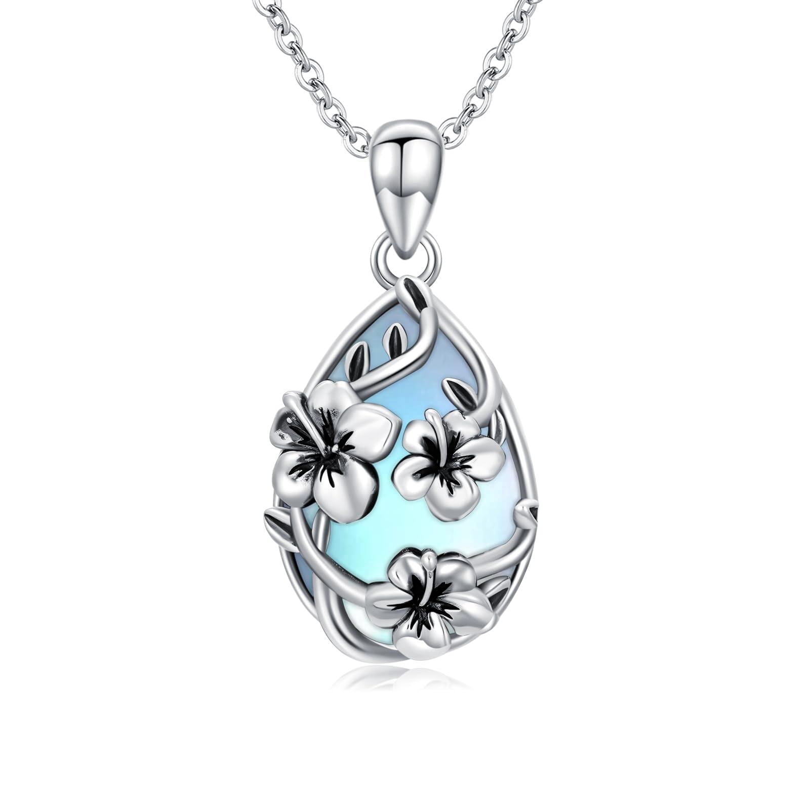 Coachuhhar Hibiscus Necklace 925 Sterling Silver Moonstone Hawaii Flower Pendant Necklace Hawaiian Jewelry Gifts Christmas for Women Mother Wife
