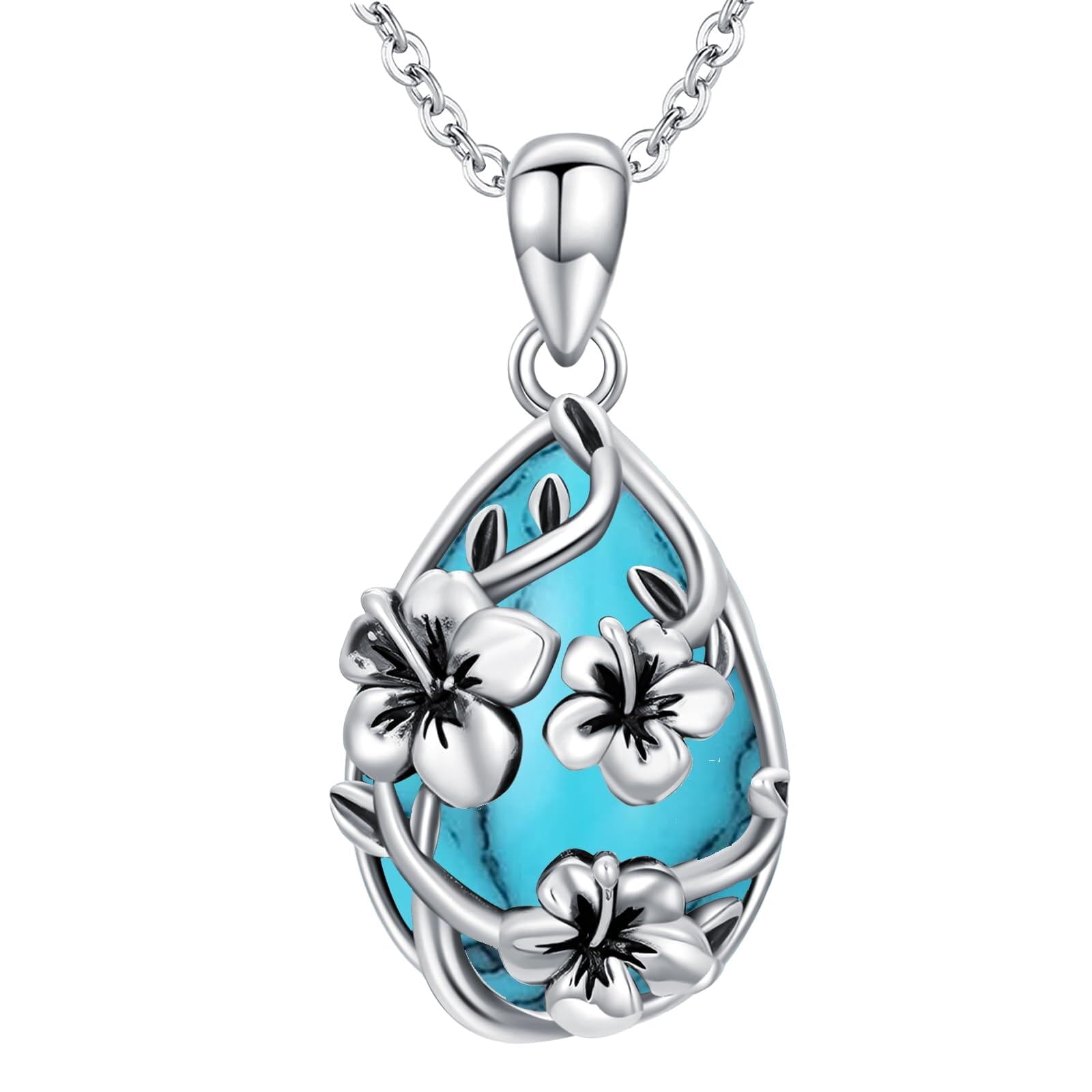 Coachuhhar Hibiscus Necklace 925 Sterling Silver Turquoise Hawaii Flower Pendant Necklace Hawaiian Jewelry Gifts Christmas for Women Mother Wife