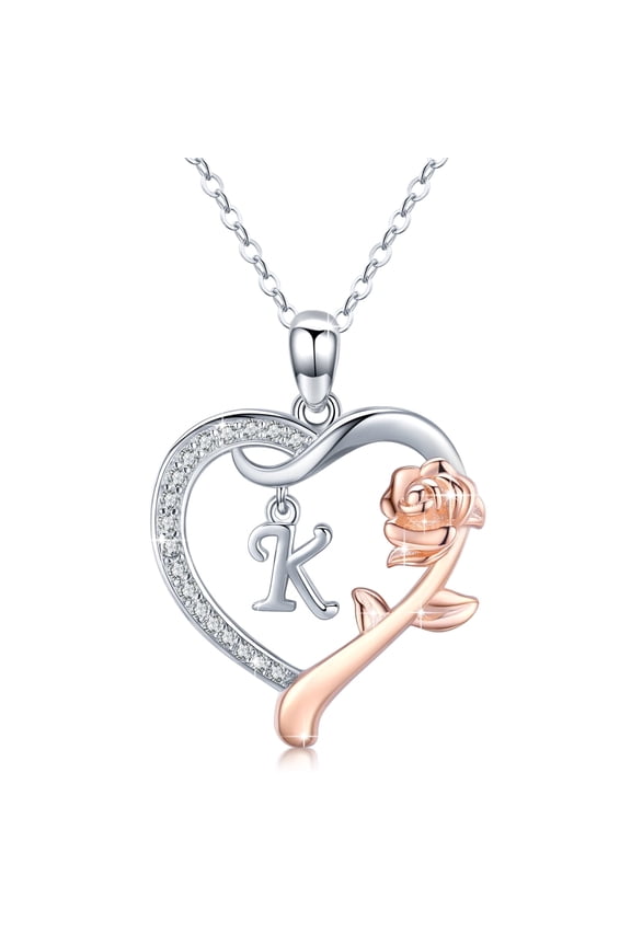 Initial Letter Necklace 925 Sterling Silver Love Heart Letters with Rose Flower Pendant Necklace Jewelry Gifts for Women