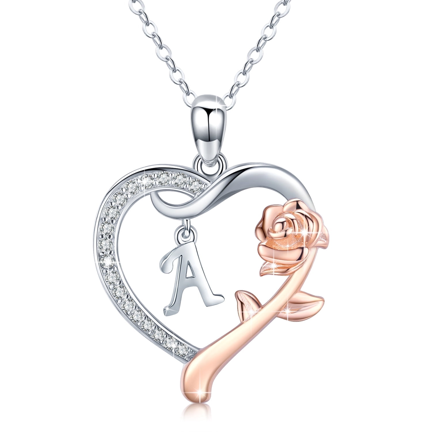 Coachuhhar Initial Letter Necklace 925 Sterling Silver Love Heart Letters with Rose Flower Pendant Necklace Jewelry Gifts for Women