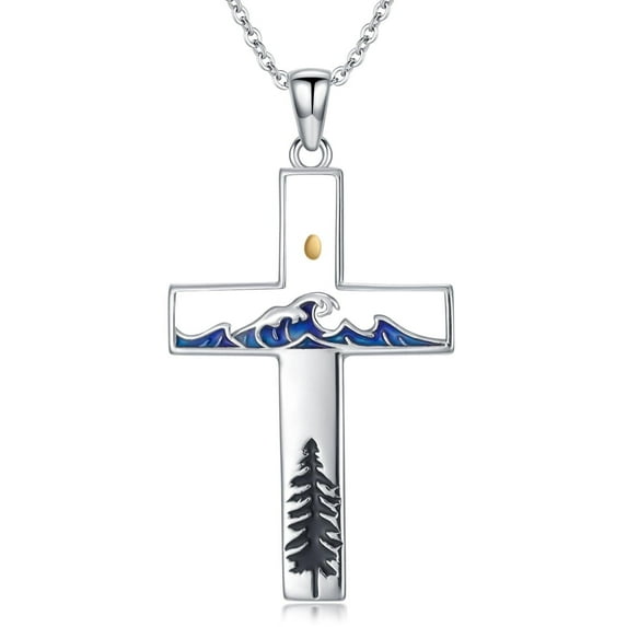 Coachuhhar Mustard Seed Cross Necklace 925 Sterling Silver Wave Pine Tree Pendant Necklace Faith Religious Jewelry Christmas Gifts for Christian