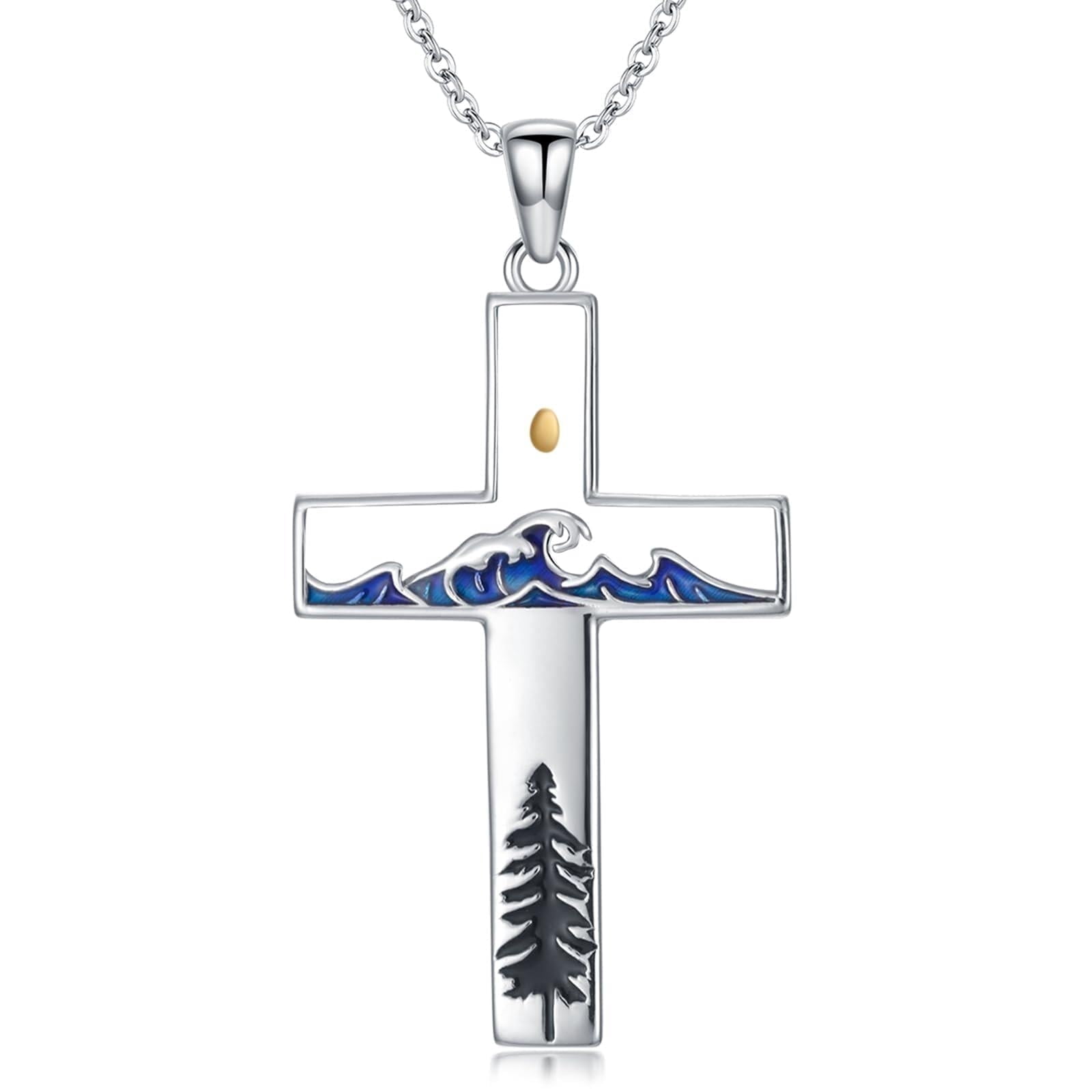 Coachuhhar Mustard Seed Cross Necklace 925 Sterling Silver Wave Pine Tree Pendant Necklace Faith Religious Jewelry Christmas Gifts for Christian