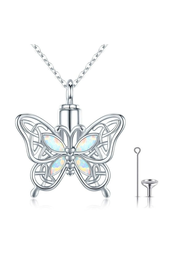 Opal Butterfly Urn Necklace for Ashes 925 Sterling Silver Celtic Knot Necklace Cremation Necklace for Ashes Keepsake Memorial Butterfly Cremation Jewelry Gifts for Women