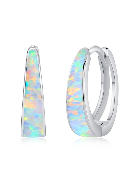 White Opal Earrings for Women 925 Sterling Silver Hoop Huggie Earrings Hypoallergenic Cartilage Hoops Jewelry for Mother's Day