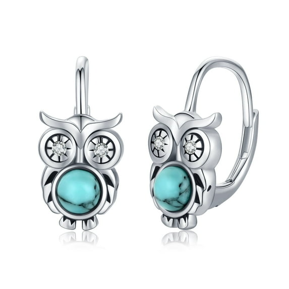 Coachuhhar Owl Earrings for Women 925 Sterling Silver Owl Hoop Earrings Cute Animal Earrings Turquoise Jewelry Gifts Hypoallergenic Earrings for Sensitive Ears