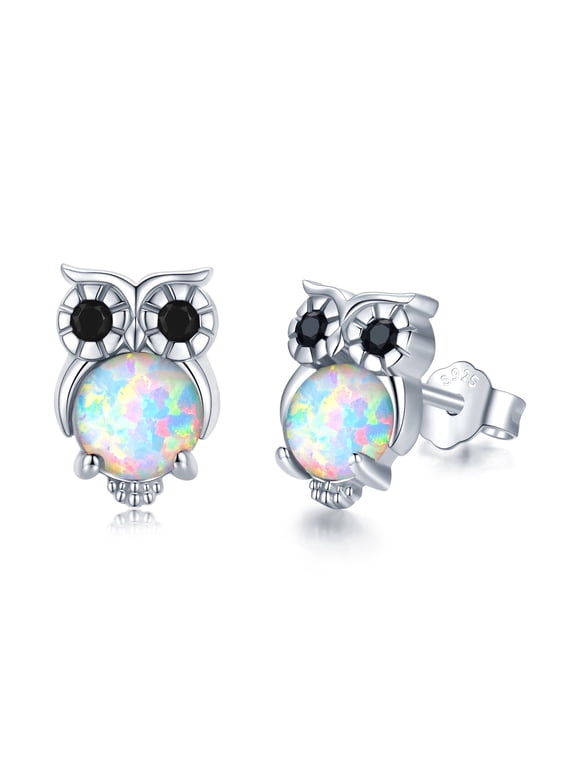 Owl Moonstone/Opal Stud Earrings for Women 925 Sterling Silver Cute Animal Opal Stud Earrings Owl Jewelry Gift Hypoallergenic Earrings for Sensitive Ears
