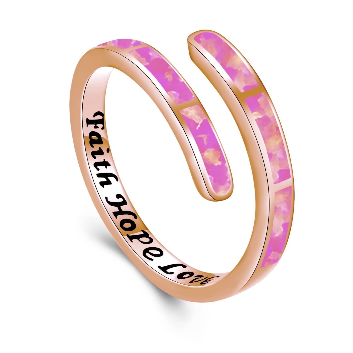 Coachuhhar Pink Opal Rings for Women 925 Sterling Silver Faith Hope Love Rings Rose Gold Adjustable Open Rings Opal Jewelry for Mother's Day