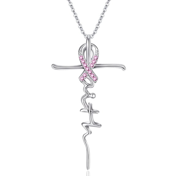 Coachuhhar Pink Ribbon Breast Cancer Necklace 925 Sterling Silver Faith Cross Pendant Necklace Christian Religious Jewelry Gifts for Mothers Day Christmas Anniversary Birthday