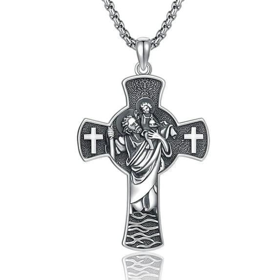 Coachuhhar Saint Christopher Necklace 925 Sterling Silver St Christopher Cross Medal Amulet Pendant Necklace ChristianGifts Jewelry for Men Women Fathers Day